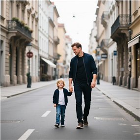 欧美父亲和孩子街拍摄影图片